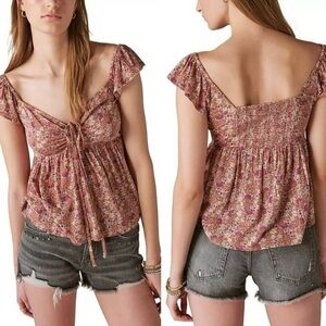 LUCKY BRAND Floral Print Smocked Peplum Baby Doll Top in Fawn Multi XXL NEW NWT